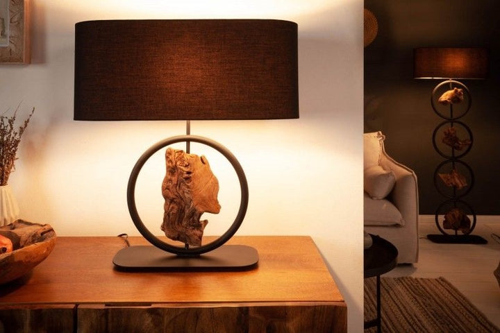 Lampe de table design ELEMENTS 58cm abat-jour en coton noir socle bois massif - 40399