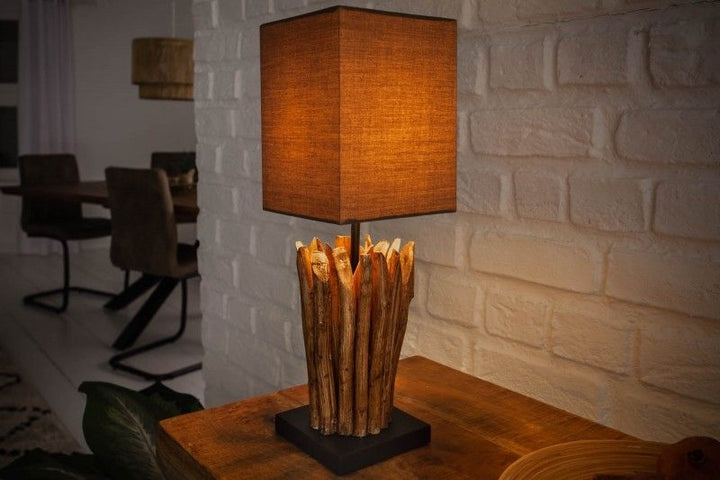 Lampe de table faite main en bois flotté EUPHORIA 45cm marron avec abat-jour en lin - 36966