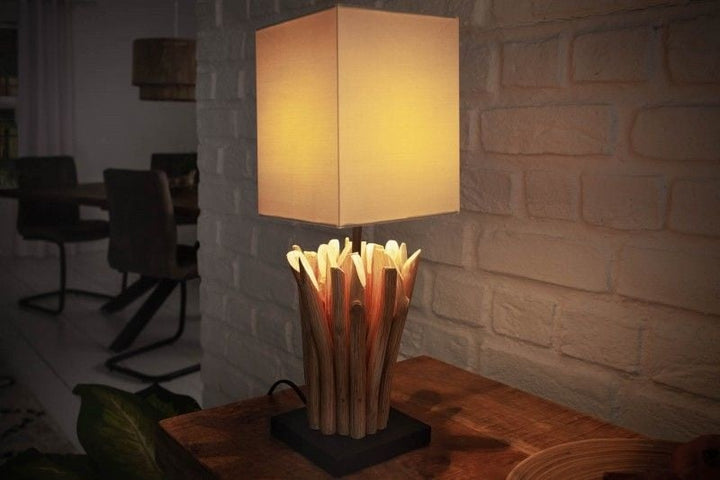 Lampe de table faite main en bois flotté EUPHORIA 45cm beige avec abat-jour en lin - 36967