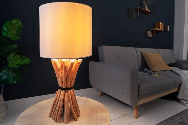 Lampe de table faite main EUPHORIA 56cm en bois de longane beige avec abat-jour en lin - 40506