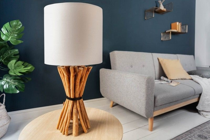 Lampe de table faite main EUPHORIA 56cm en bois de longane beige avec abat-jour en lin - 40506