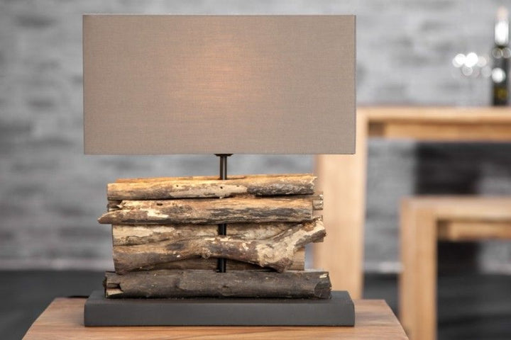 Lampe de table faite main PERIPHERE 40 cm abat-jour en lin bois flotté marron - 17322