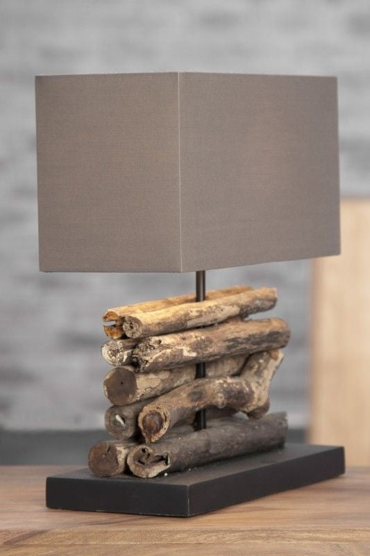 Lampe de table faite main PERIPHERE 40 cm abat-jour en lin bois flotté marron - 17322