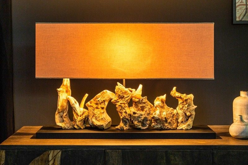 Lampe de table unique en bois flotté PURE UNIQUE 80cm beige avec abat-jour en lin - 39625