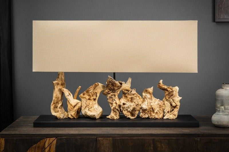 Lampe de table unique en bois flotté PURE UNIQUE 80cm beige avec abat-jour en lin - 39625