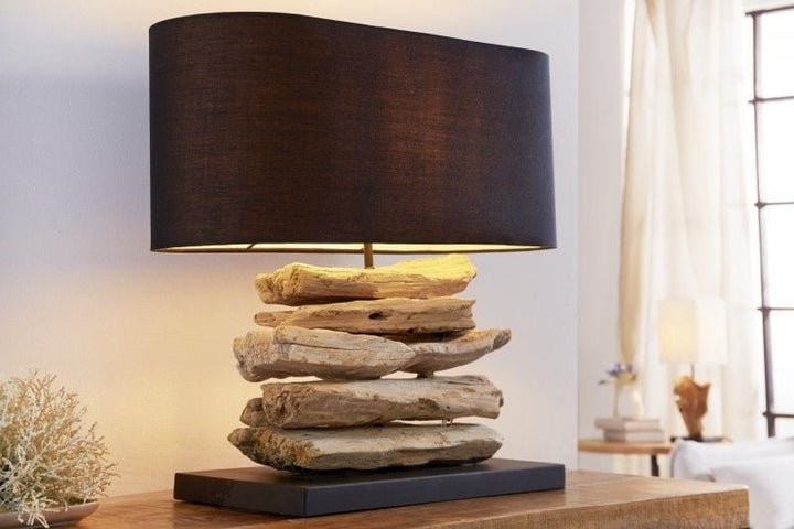 Lampe en bois flotté faite main Lampe de table RIVERINE 55 cm avec abat-jour en lin noir - 36787
