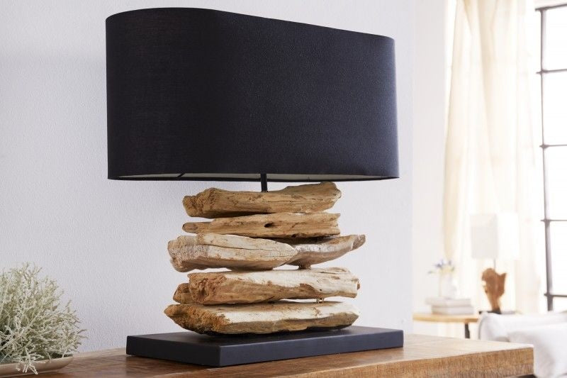 Lampe en bois flotté faite main Lampe de table RIVERINE 55 cm avec abat-jour en lin noir - 36787