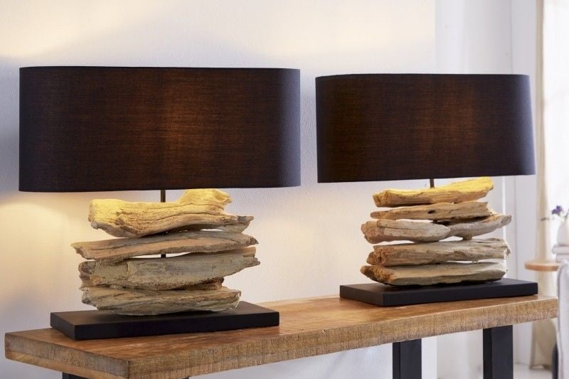 Lampe en bois flotté faite main Lampe de table RIVERINE 55 cm avec abat-jour en lin noir - 36787