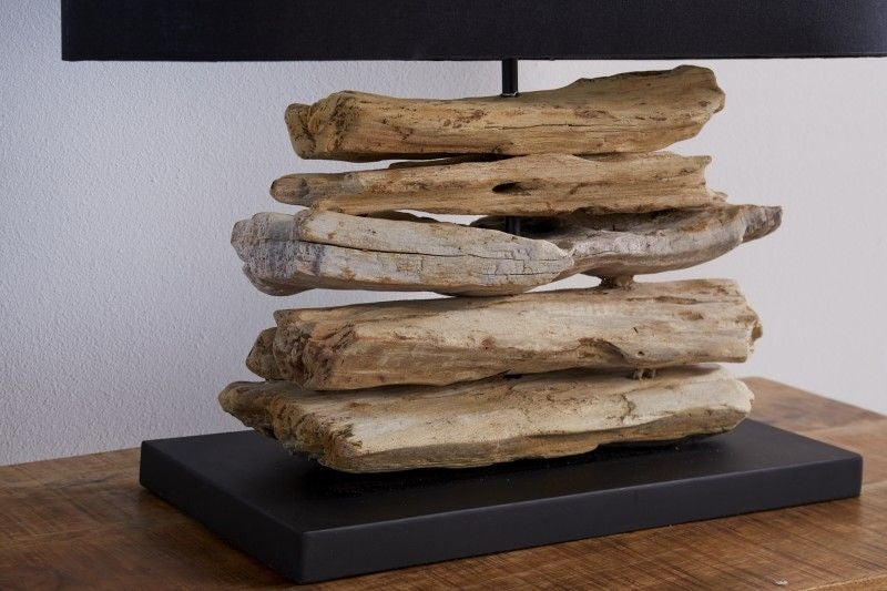 Lampe en bois flotté faite main Lampe de table RIVERINE 55 cm avec abat-jour en lin noir - 36787