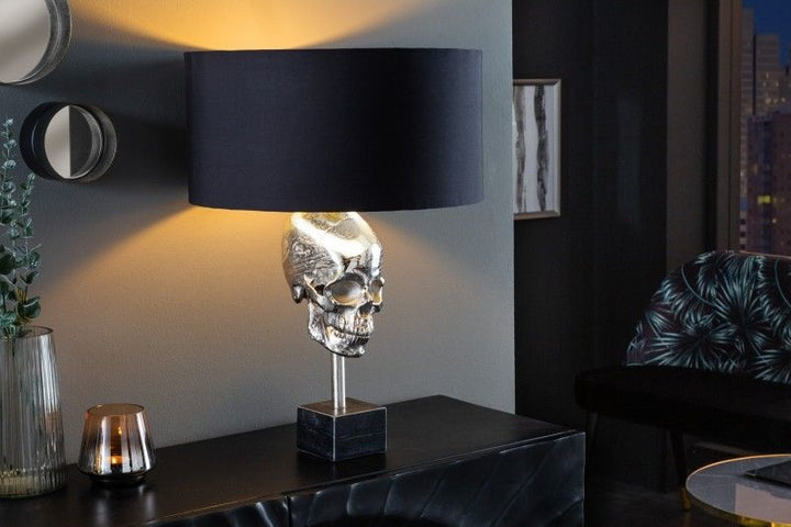 Lampe de table extravagante SKULL 56cm lampe sculpture tête de mort en métal argenté noir - 41528