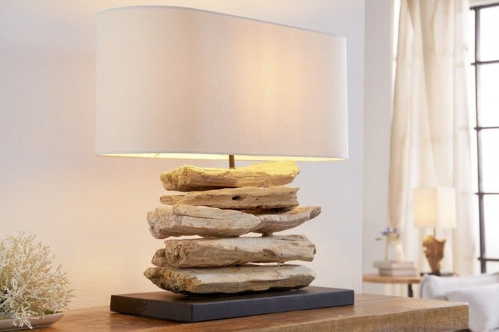 Lampe en bois flotté faite main Lampe de table RIVERINE 55 cm avec abat-jour en lin couleur crème - 36786