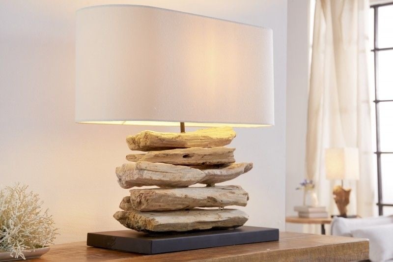 Lampe en bois flotté faite main Lampe de table RIVERINE 55 cm avec abat-jour en lin couleur crème - 36786