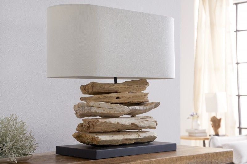 Lampe en bois flotté faite main Lampe de table RIVERINE 55 cm avec abat-jour en lin couleur crème - 36786