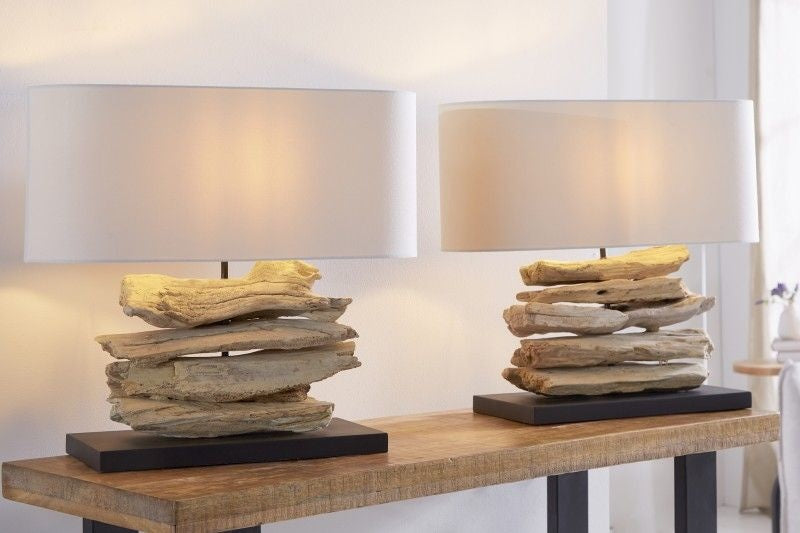 Lampe en bois flotté faite main Lampe de table RIVERINE 55 cm avec abat-jour en lin couleur crème - 36786