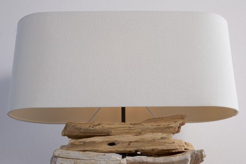 Lampe en bois flotté faite main Lampe de table RIVERINE 55 cm avec abat-jour en lin couleur crème - 36786