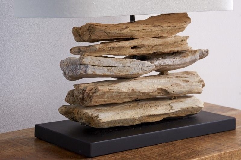 Lampe en bois flotté faite main Lampe de table RIVERINE 55 cm avec abat-jour en lin couleur crème - 36786