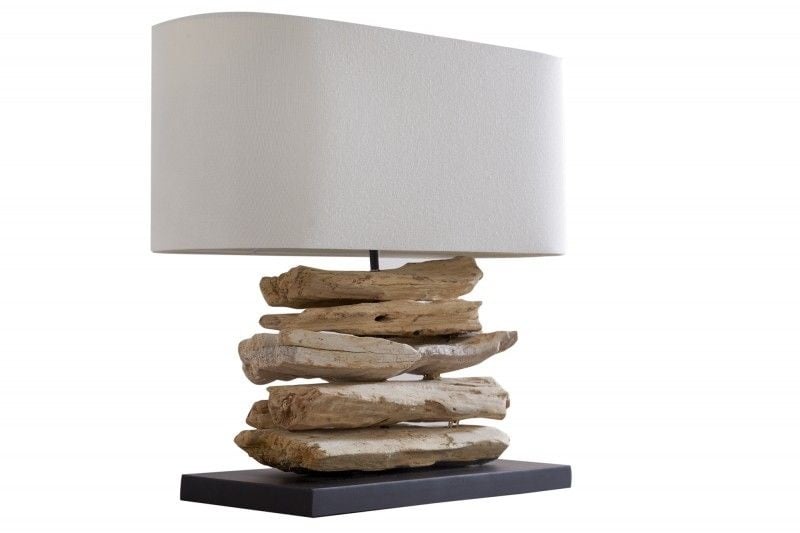 Lampe en bois flotté faite main Lampe de table RIVERINE 55 cm avec abat-jour en lin couleur crème - 36786