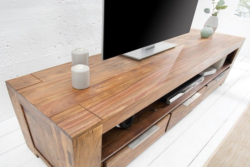 Meuble TV massif MAKASSAR Buffet 170 cm finition pierre sheesham et trois tiroirs - 38111