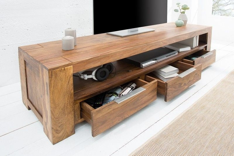 Meuble TV massif MAKASSAR Buffet 170 cm finition pierre sheesham et trois tiroirs - 38111