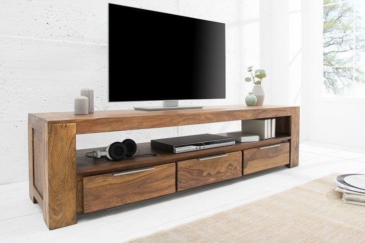 Meuble TV massif MAKASSAR Buffet 170 cm finition pierre sheesham et trois tiroirs - 38111
