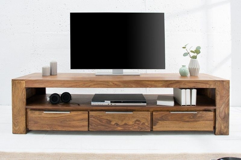 Meuble TV massif MAKASSAR Buffet 170 cm finition pierre sheesham et trois tiroirs - 38111
