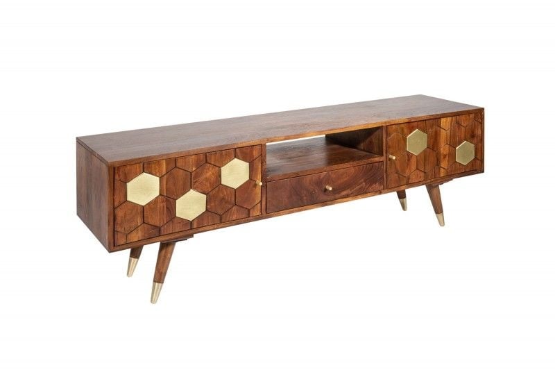 Buffet TV massif MYSTIC LIVING 140cm acacia marron doré design rétro - 39949