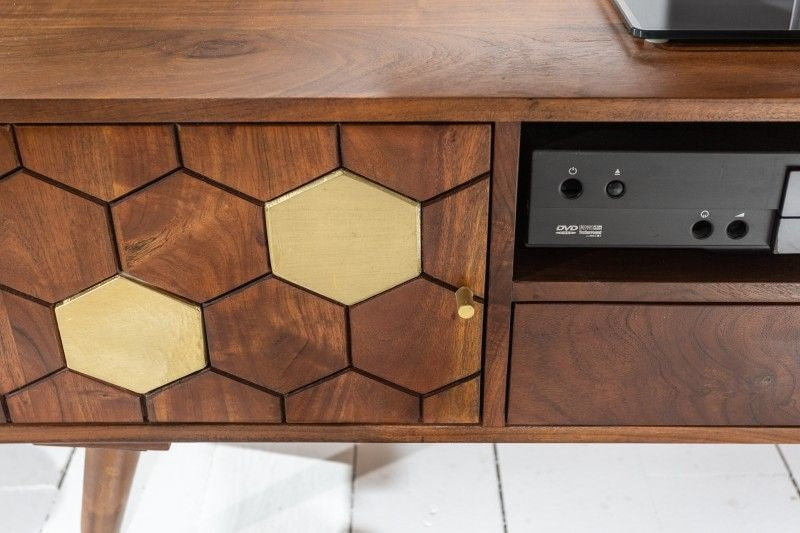 Buffet TV massif MYSTIC LIVING 140cm acacia marron doré design rétro - 39949