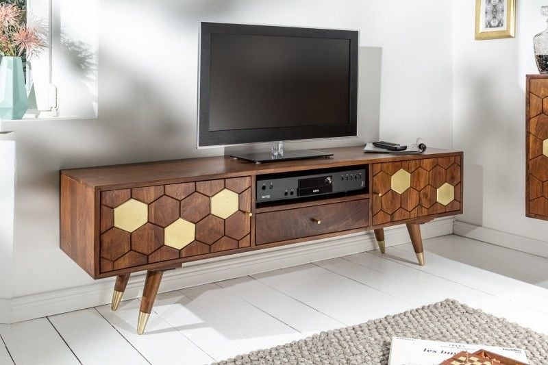 Buffet TV massif MYSTIC LIVING 140cm acacia marron doré design rétro - 39949