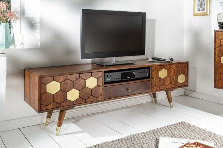 Buffet TV massif MYSTIC LIVING 140cm acacia marron doré design rétro - 39949