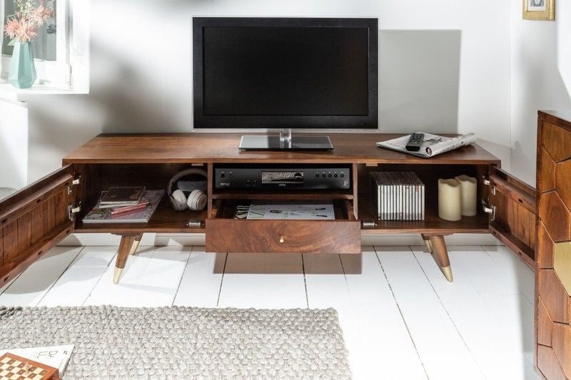 Buffet TV massif MYSTIC LIVING 140cm acacia marron doré design rétro - 39949