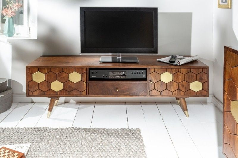 Buffet TV massif MYSTIC LIVING 140cm acacia marron doré design rétro - 39949