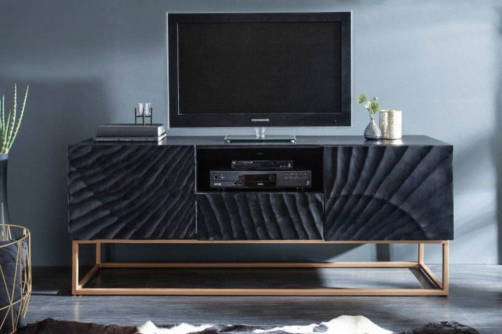 Buffet TV massif SCORPION 160cm en bois de manguier noir avec sculptures 3D détaillées - 40253