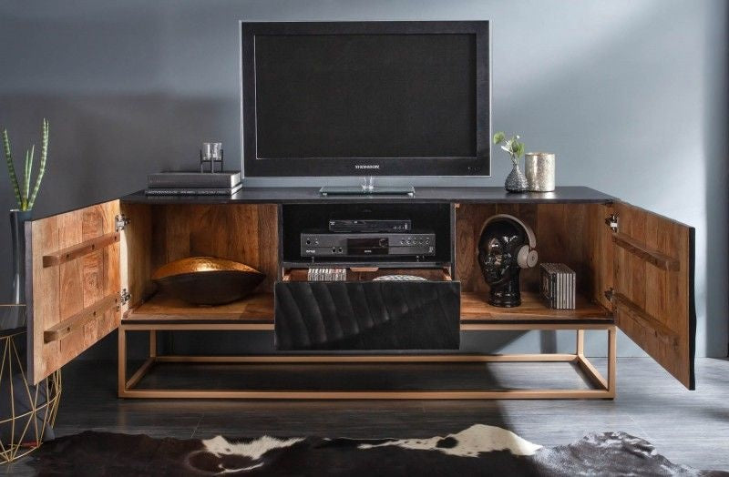 Buffet TV massif SCORPION 160cm en bois de manguier noir avec sculptures 3D détaillées - 40253