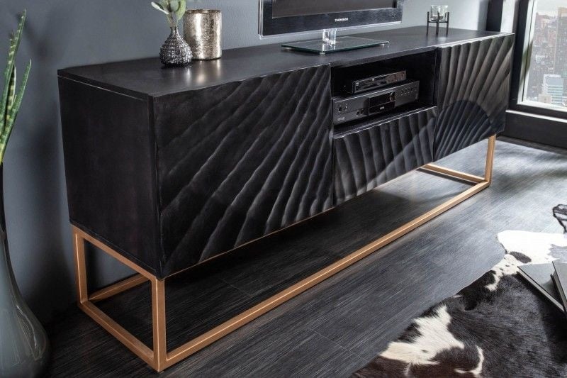 Buffet TV massif SCORPION 160cm en bois de manguier noir avec sculptures 3D détaillées - 40253