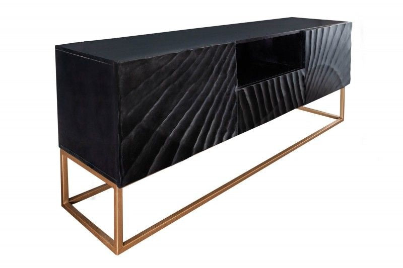 Buffet TV massif SCORPION 160cm en bois de manguier noir avec sculptures 3D détaillées - 40253