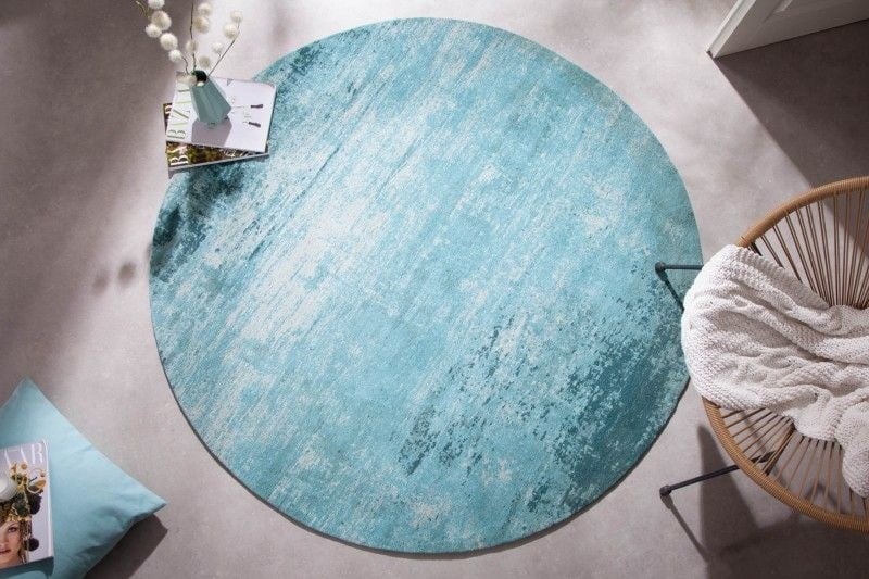 Tapis vintage MODERN ART 150cm turquoise lavé rond look usé - 41263
