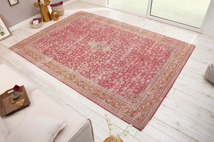 Tapis oriental coton VIEUX MARRAKESCH XXL 350x240cm rouge motif floral ancien - 40520