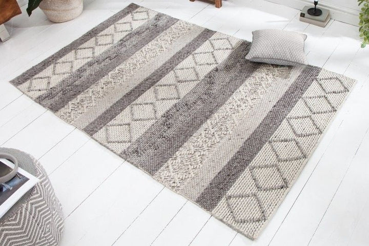 Tapis en laine tissé main FIL 240x160cm gris beige motif tricot laine vierge - 41256