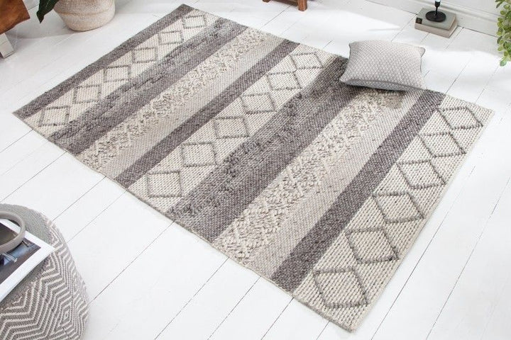 Tapis en laine tissé main FIL 240x160cm gris beige motif tricot laine vierge - 41256