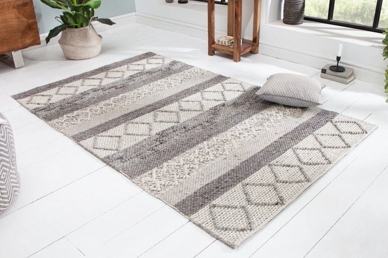 Tapis en laine tissé main FIL 240x160cm gris beige motif tricot laine vierge - 41256