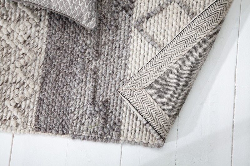 Tapis en laine tissé main FIL 240x160cm gris beige motif tricot laine vierge - 41256