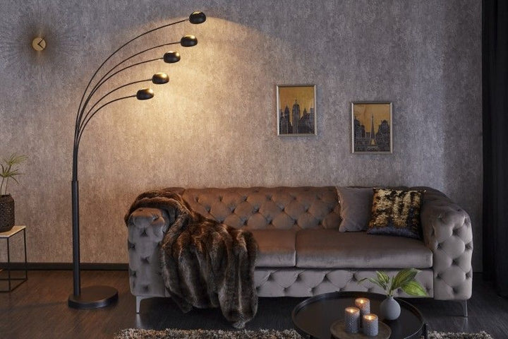 Lampe arc design FIVE LIGHTS 210cm lampadaire noir doré avec socle en marbre - 22967