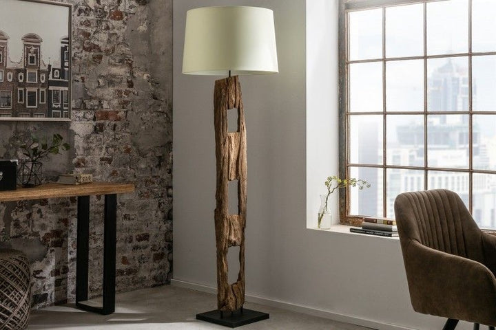 Lampadaire massif BARRACUDA 177cm bois de fer naturel abat-jour coton blanc tronc d'arbre - 41046
