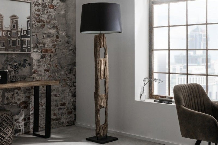 Lampadaire massif BARRACUDA 177cm bois de fer naturel abat-jour coton noir tronc d'arbre - 41043