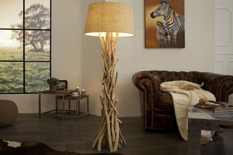 Lampadaire fait main en bois flotté WILD NATURE 155cm sable avec abat-jour en lin - 30208