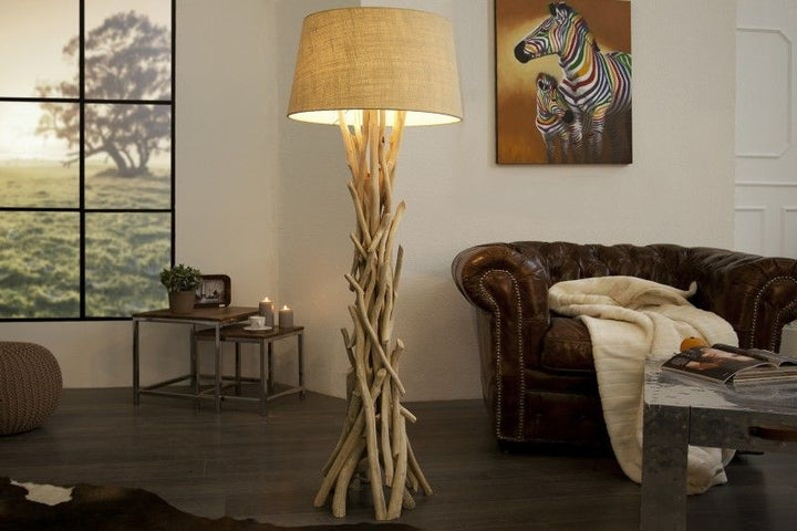 Lampadaire fait main en bois flotté WILD NATURE 155cm sable avec abat-jour en lin - 30208