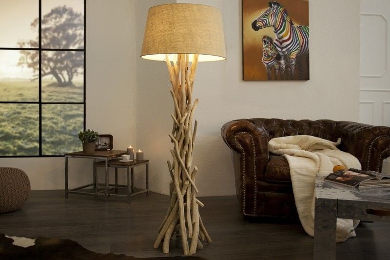 Lampadaire fait main en bois flotté WILD NATURE 155cm sable avec abat-jour en lin - 30208