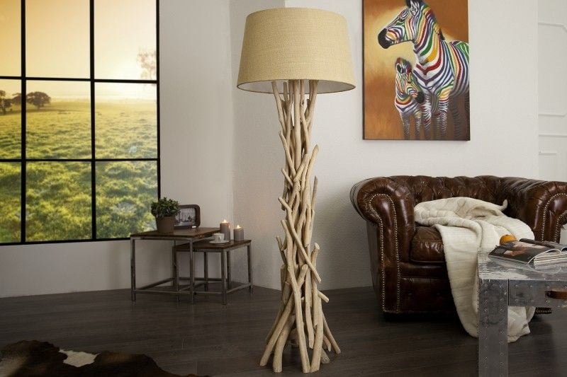 Lampadaire fait main en bois flotté WILD NATURE 155cm sable avec abat-jour en lin - 30208