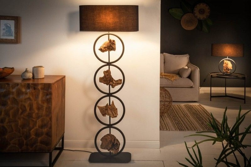 Lampadaire design ELEMENTS 147cm pied casquette en coton noir et bois massif - 40398