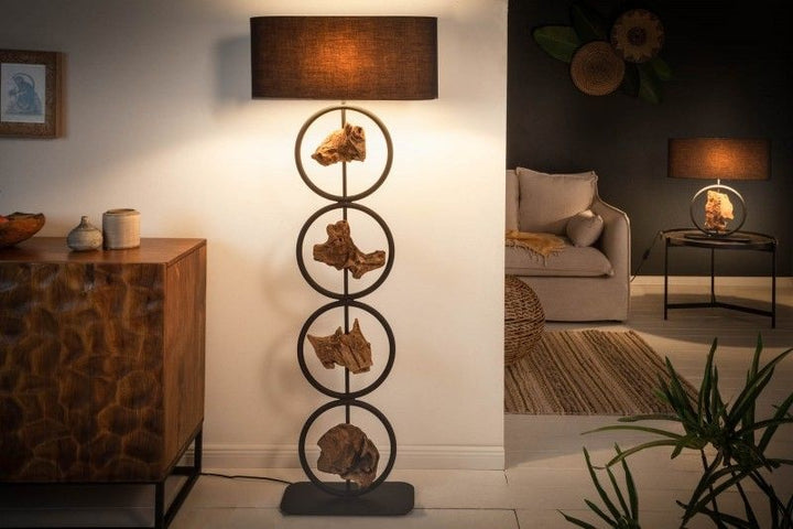 Lampadaire design ELEMENTS 147cm pied casquette en coton noir et bois massif - 40398